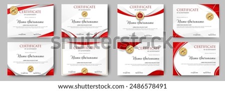 Certificate of appreciation template, gold and red shape color. Clean modern certificate with gold badge. Certificate border template with luxury and modern line pattern. Diploma vector template