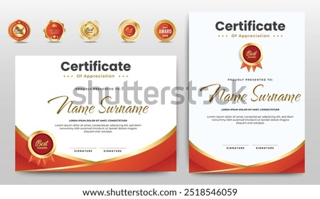 Certificate of appreciation template, gold and red color. Clean modern certificate with gold badge. Certificate border template with luxury and modern line pattern. Diploma vector template