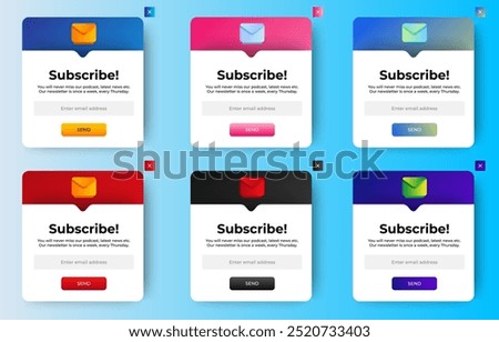 Set of Subscribe Email Newsletter pop up banner notification. Professional web design, full set of elements. User-friendly design materials. vector