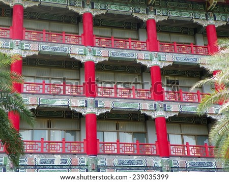Kaohsiung, Taiwan, Oct,18, 2013 : Corridors of The Grand Hotel Kaohsiung. The Hotel is Decorated With Traditional Chinese Patterns And Red Pillars.