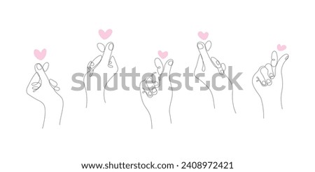 Set of Continuous One Line Korean Heart Hand Gesture Illustration. Symbol of Love. Editable Stroke. Adjustable Stroke Width.