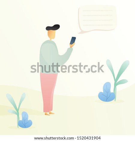 Man with his mobile phone. Chatting. Add text to flat graphic illustration. Social media post. Talk to us. Play phone while walking trending. Look at gadget concept. With plant. Pastel color. - Vector