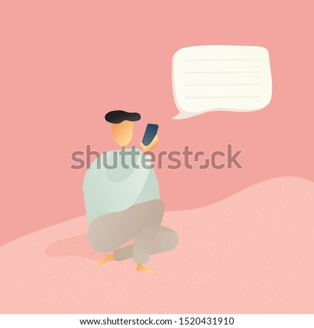 A man chill sitting with his mobile phone. Chatting. Add text to flat graphic illustration. Social media post. Talk to us. What is your story. Look. Work alone concept. 2D. Pastel color. - Vector