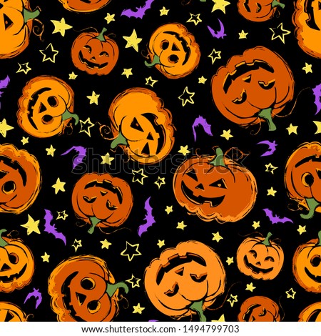 Seamless pattern with festive Halloween pumpkins. Jack orange lantern drawn with carved faces. Repeat tile swatch with purple bats, orange icons and yellow stars for scrapbook, fabric, wrapping paper