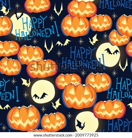 Seamless pattern with festive Halloween pumpkins. Jack orange lantern drawn with carved faces. Repeat tile swatch with happy halloween text, moon, and bats for scrapbook, fabric, wrapping paper