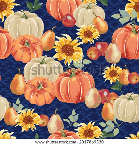 Autumn pumpkins with royal blue background pattern. Sunflowers, flowers, apples, pears, gourds. Perfect for fall, Thanksgiving, holidays, fabric, textile. Seamless repeat swatch.