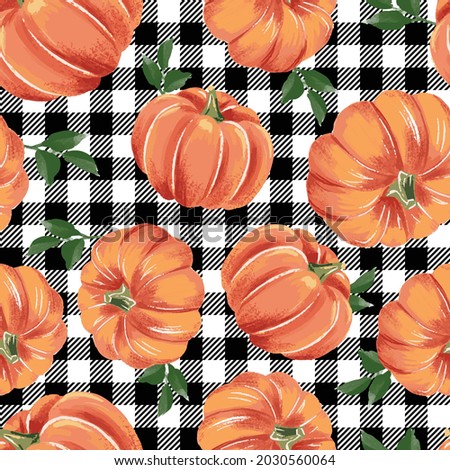 Autumn pumpkins with black and white gingham pattern. Perfect for fall, Thanksgiving, Halloween, holidays, fabric, textile. Seamless repeat swatch.