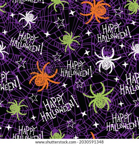 Seamless halloween pattern for girls or boys. Creative vector spooky black background with textured spider. Funny creepy pattern for textile and fabric. Repeat spider, happy halloween.