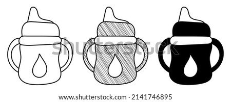 Set of hand drawn vector Baby Sippy Cup in a doodle cartoon style