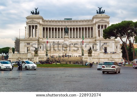 Rome, Italy - October 29, 2014: National Monument to Vittorio Emanuele II crowded with tourists. it is one of the main tourist attractions of Rome.
