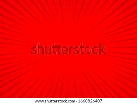 Abstract comic red background with speed lines. Retro style pop art design. Burst template backdrop. Light rays effect. Vintage comic book style. Fast zoom effect.