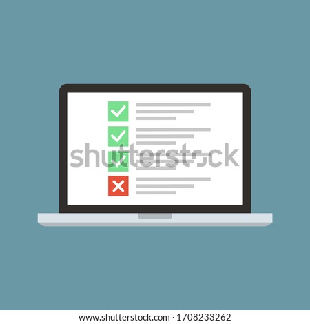 Laptop in flat style with list and checkbox and marks. Desktop computer with checkbox screen. Computer icon isolated on blue background.