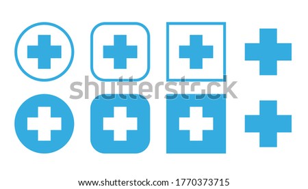 Plus icon in flat style. Set blue plus sign, medical cross, vector pharmacy design.