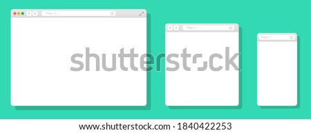 Browser mockups different devices web window mobile, laptop and tablet screen in internet. Realistic browser window. Web browser template. Flat style vector illustration.