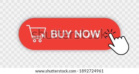 Buy now red button with hand cursor. Button hand pointer clicking. Click here banner with shadow. Click button isolated. Online shopping. 