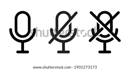 Microphone icon on and off. Microphone button disabled. No sound outline symbol isolated. Mic crossed out. Vector illustration.