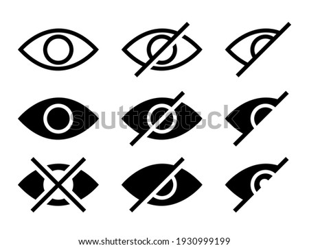 Eye cross icon set. View hidden icons symbol. Privacy and block symbol. Eyesight pictogram in flat design. Eye silhouette isolated on white background. Vector illustration.