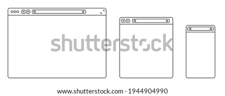 Line browser mockups different devices web window mobile, laptop and tablet screen in internet. Outline browser window. Web browser template. Flat style vector illustration.