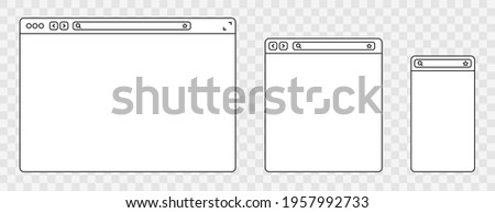 Line browser mockups different devices web window mobile, laptop and tablet screen in internet. Outline browser window. Web browser template. Vector illustration.
