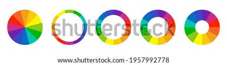 Color wheel guide. Floral patterns and palette isolated. RGB and CMYK colors. Pie charts diagrams. Set of different color circles. Infographic element round shape. Vector illustration.