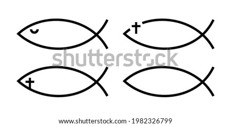 Jesus fish icon collection. Fish with religion cross. Christian symbol isolated on white background. Vector illustration.