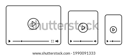 Video player interface for different devices mobile, laptop and tablet screen. Video player template isolated on white background. Media window bar blank mockup. Vector illustration.
