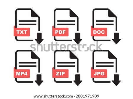 File type icon set. Format of documents. File extensions. Simple file type and document in flat style. Icons TXT, DOC, PDF, MP4, ZIP, JPG  for download on computer. 