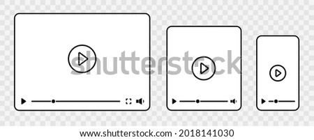 Video player interface for different devices mobile, laptop and tablet screen. Video player template isolated on white background. Media window bar blank mockup. Vector illustration.
Video player inte