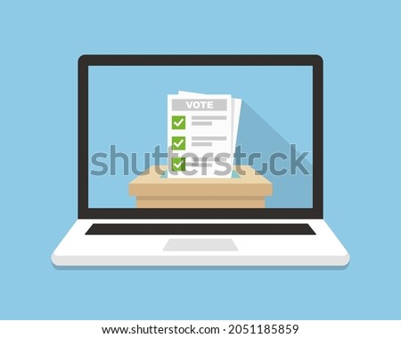 Voting background. Vote ballot going into a box in laptop screen. Online, electronic voting concept. Your vote matters concept. Vector illustration.