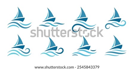 Sea sailing boat in the blue ocean. Marine ship with sail in sea waves icon collection. Sailboats design company logotype. Vector illustration.
