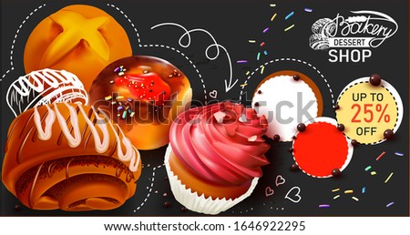 3D Roll with icing.Pastry. Poppy seed bun.Butter roll.Sweet Muffin.Confectionery on black background.logo.Arrow.White dotted line.Vector illustration.