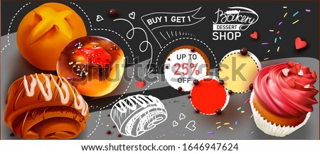 3D Roll with icing.Pastry. Poppy seed bun.Butter roll.Sweet Muffin.Confectionery on black background.logo.Arrow.White dotted line.Vector illustration.