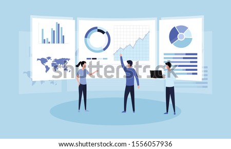 Data analysis concept. Teamwork of business analysts on holographic charts and diagrams of sales management statistics and operational reports, key performance indicators. Flat vector illustration