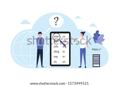 Concept choice domain name registration. A pensive man with a hand near the sub-gate decides which domain to choose for his website, online store, blog, landing page. Flat vector illustration isolated