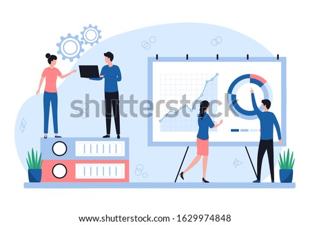 Well-coordinated work in a team of analysts. Men and women study data on graphs, search for solutions, creative collaboration. Flat vector illustration isolated on white background. Сток-фото © 