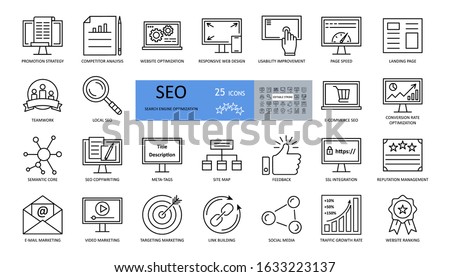 Vector set of SEO optimization icons with editable stroke. strategy, competitor analysis, responsive web design, usability improvement, page speed, landing, teamwork, conversion rate, semantic core