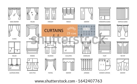 Set window curtains 25 icons with editable stroke. French, Austrian, Japanese, classic curtains, blinds, drapery, wicker, for the bathroom. Thin symbols for interior design, textiles shop.