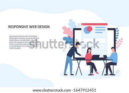 Vector illustration of responsive web design. A team of programmers develops a site, checks adaptation for desktop and mobile devices, conducts cross-browser testing. Template for website landing page