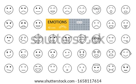 Emotions Emoji set 42 icons with editable stroke. Vector illustration of an emotional face. Joy, sadness, anger, irritation, tears, sleep, surprise, coolness, music lover, angel, love, greed, nausea.