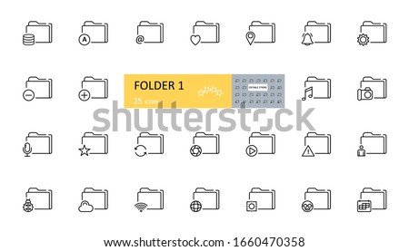 Vector set of folder icons. 25 images with editable strokes - reminder, music, alarm clock, star, plus, minus, wifi, lens, warning, camera, character, calendar.