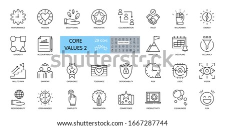 Set of icons core values. 29 vector images with editable stroke. Includes such qualities as performance, passion, diversity, exceptional, innovative, accountability, will to win, empathy, open-minded