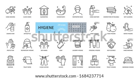 Hygiene icons. Set of 29 images with editable stroke. Includes hygiene of hands, body, premises, clothing, bedding. Hand washing with soap, shower, respiratory mask, antiseptic, quarantine, distance