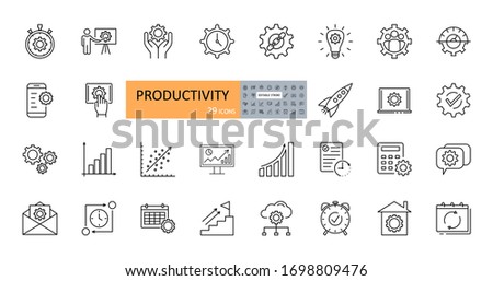 Productivity vector icons. Set line icons with editable stroke. Business planning, success, goal achievement. Charts, communication, chat, speedometer