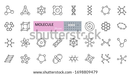 Vector molecule icons. Set of editable stroke icons. Molecule structure, chemical bonds, atom, scientific research, electron orbit, DNA chain, elements