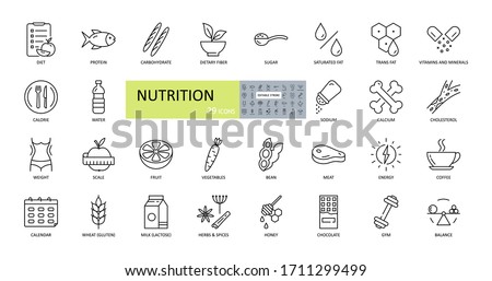 Vector nutrition icons. Editable Stroke. Nutrients in food, diet, weight loss, weighing, balance. Protein, carbohydrate, fiber, trans fat, vitamins sugar sodium calcium cholesterol gluten lactos