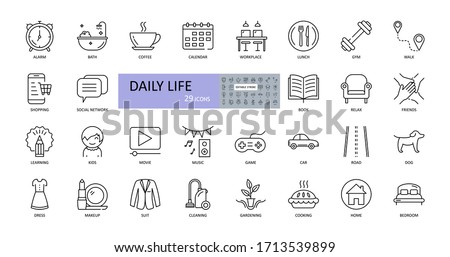 Vector daily life icons. Editable Stroke. Daily routine, home, work, children, entertainment, sports, food and cooking, car, road, pets, shopping, clothes, cleaning, gardening, reading