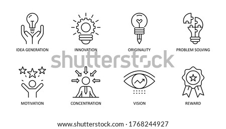 Vector creativity icons. Editable Stroke. Idea generation, concentration, problem solving, motivation, reward, vision, originality, innovation. Photo stock © 