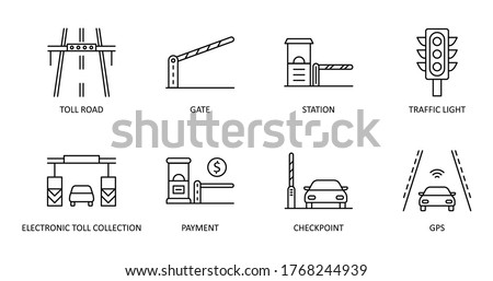 Vector set of toll road icons. Editable Stroke. Highway icon includes station gate traffic light. Electronic toll collection, gps payment checkpoint for web design and applications