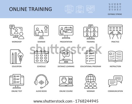 Online training vector icons. Set with editable stroke. Workshop practice guide instruction. Calendar schedule education seminar presentation test communication webinar course audio book