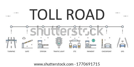 Web banner toll road. Editable Stroke. Vector colored icons. Station gate traffic light. Electronic toll collection, gps payment communication system checkpoint